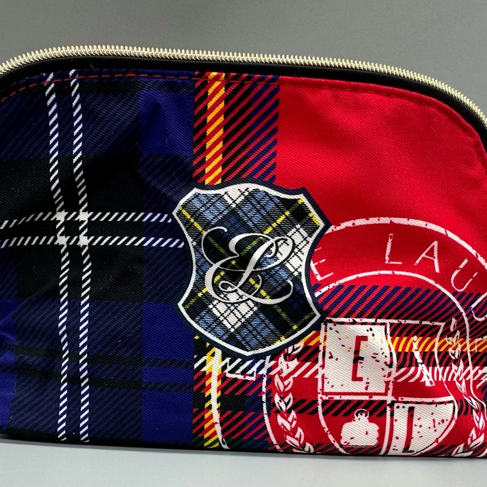 Estee Lauder Red and Blue Cosmetic Bag with Plaid Design